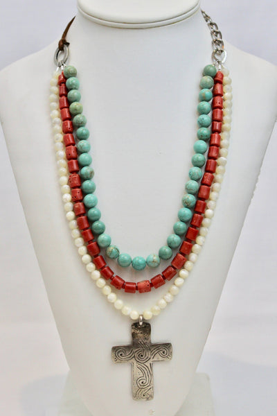 Turquoise, Coral, Mother of Pearl with Handmade Silver Cross Necklace