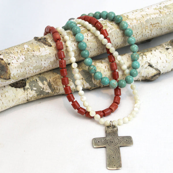 Turquoise, Coral, Mother of Pearl with Handmade Silver Cross Necklace