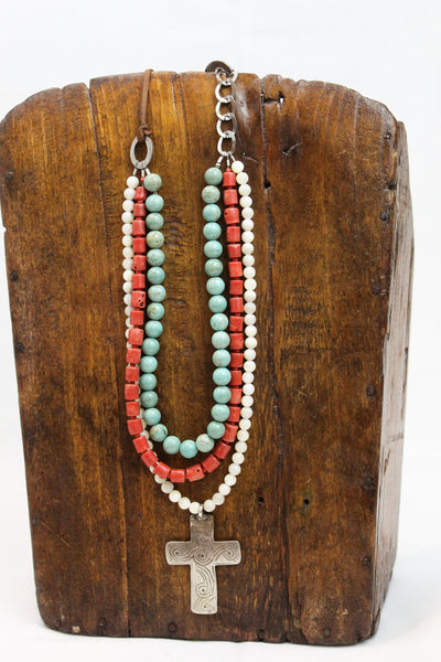 Turquoise, Coral, Mother of Pearl with Handmade Silver Cross Necklace
