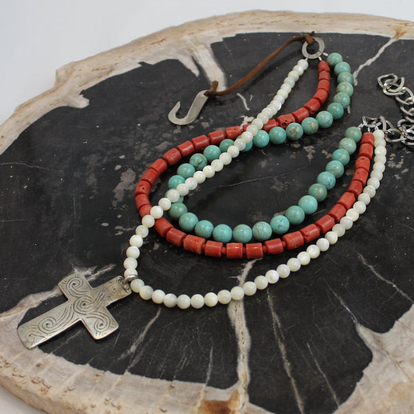 Turquoise, Coral, Mother of Pearl with Handmade Silver Cross Necklace