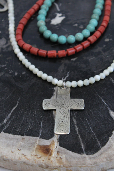 Turquoise, Coral, Mother of Pearl with Handmade Silver Cross Necklace
