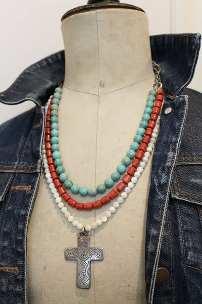 Turquoise, Coral, Mother of Pearl with Handmade Silver Cross Necklace