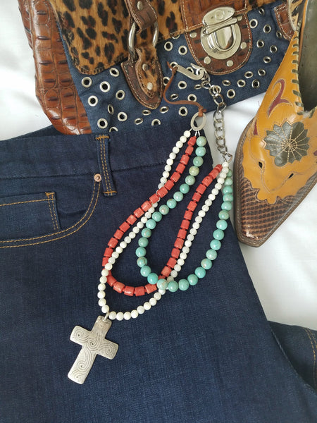 Turquoise, Coral, Mother of Pearl with Handmade Silver Cross Necklace