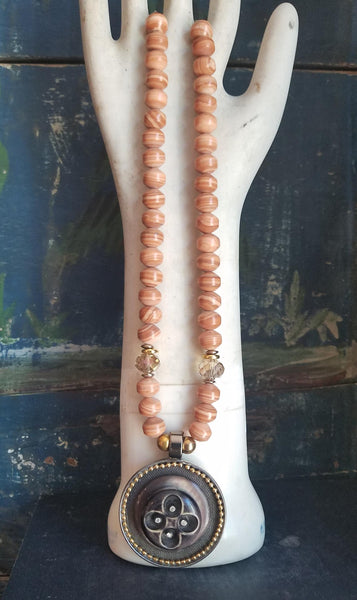 Vintage Repurposed Pendant and Peachy Tigerskin Jasper Necklace
