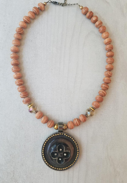 Vintage Repurposed Pendant and Peachy Tigerskin Jasper Necklace