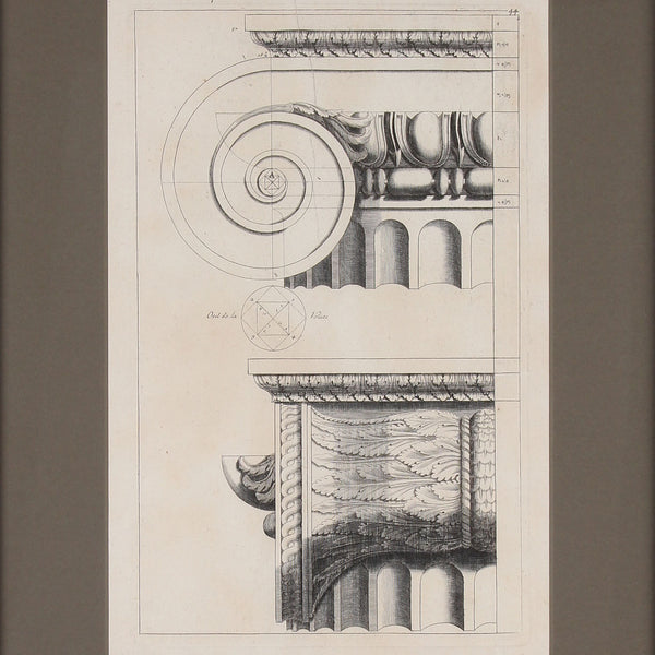 19th c. Framed Antique Architectural Etching Ionic Capital