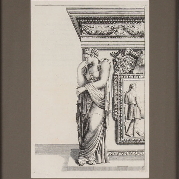 19th c. Framed Antique Architectural Etching Caryatid