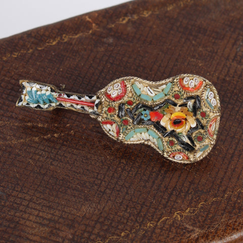 Vintage Italian Guitar Shaped Micromosaic Pin