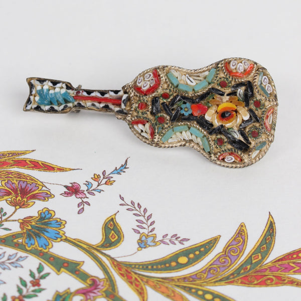 Vintage Italian Guitar Shaped Micromosaic Pin
