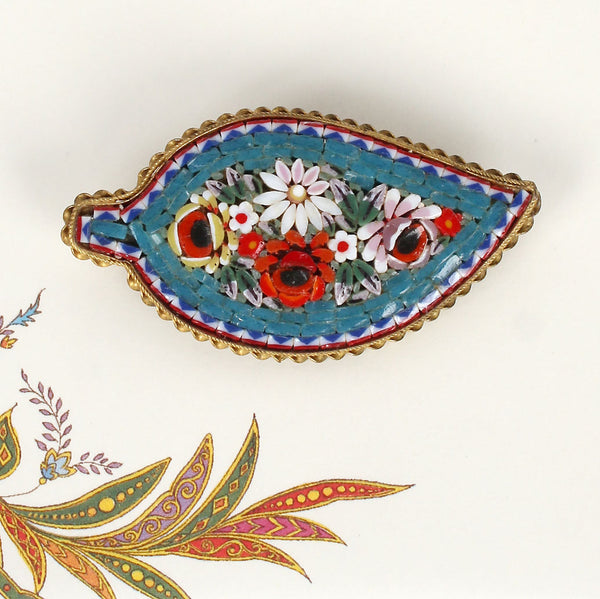 Vintage Italian Leaf Shaped Micromosaic Pin