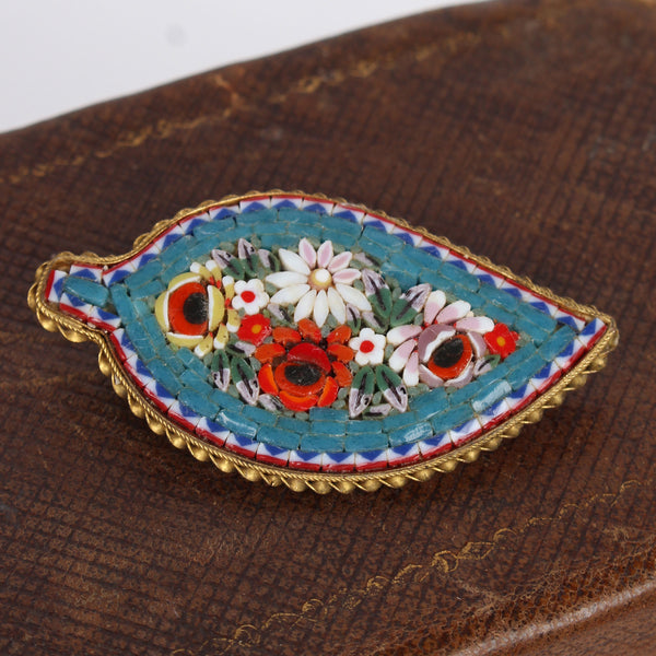 Vintage Italian Leaf Shaped Micromosaic Pin