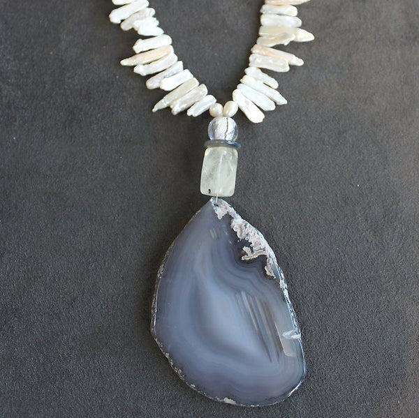 Sensational Freshwater Pearl and Agate Slab Statement Necklace