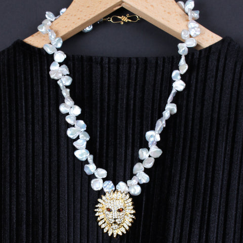 Coin Pearls with Rhinestone Encrusted Lion Pin/Pendant