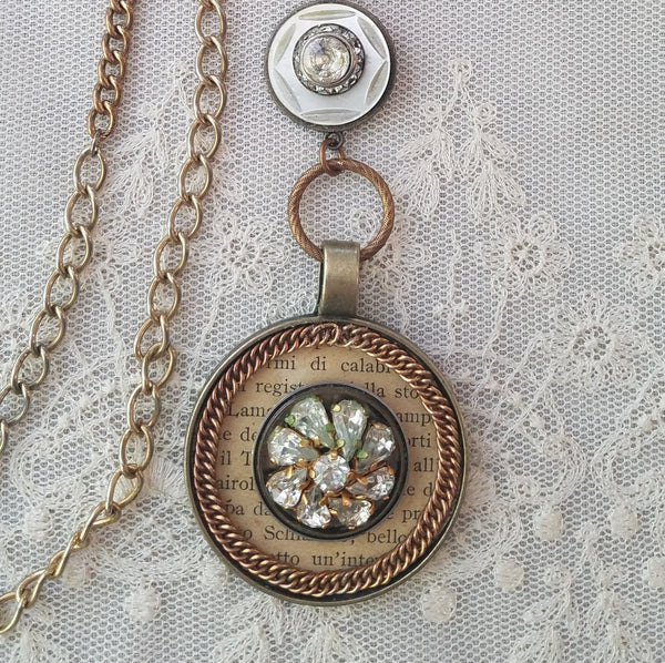 Original Handmade Pendant with Long Gold Chains and Rhinestones