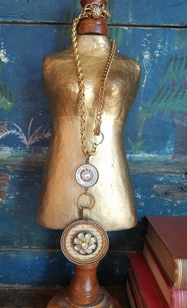 Original Handmade Pendant with Long Gold Chains and Rhinestones