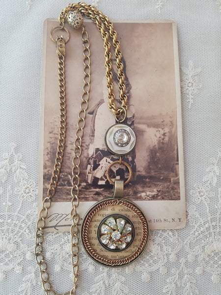 Original Handmade Pendant with Long Gold Chains and Rhinestones