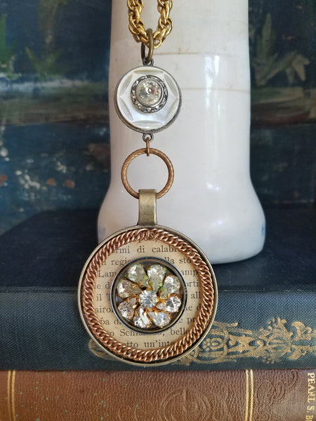 Original Handmade Pendant with Long Gold Chains and Rhinestones