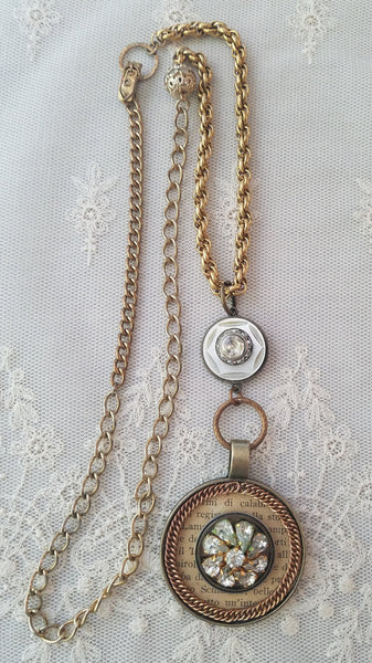 Original Handmade Pendant with Long Gold Chains and Rhinestones