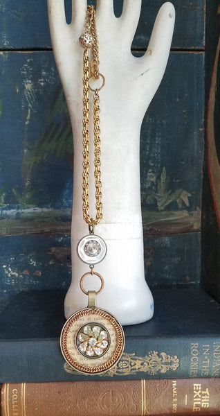 Original Handmade Pendant with Long Gold Chains and Rhinestones