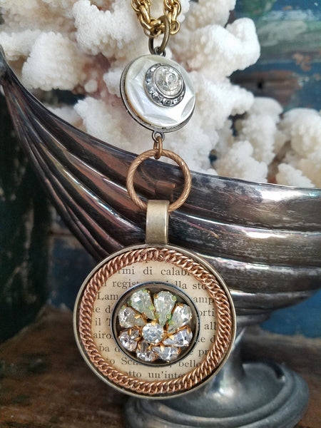 Original Handmade Pendant with Long Gold Chains and Rhinestones