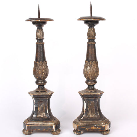 Pair Small Italian 19th c. Lacquered Church Candlesticks
