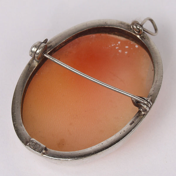 Vintage Italian Cameo Pin Pendant in Silver Bezel