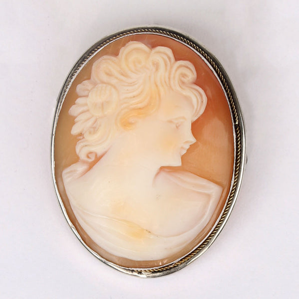 Vintage Italian Cameo Pin Pendant in Silver Bezel